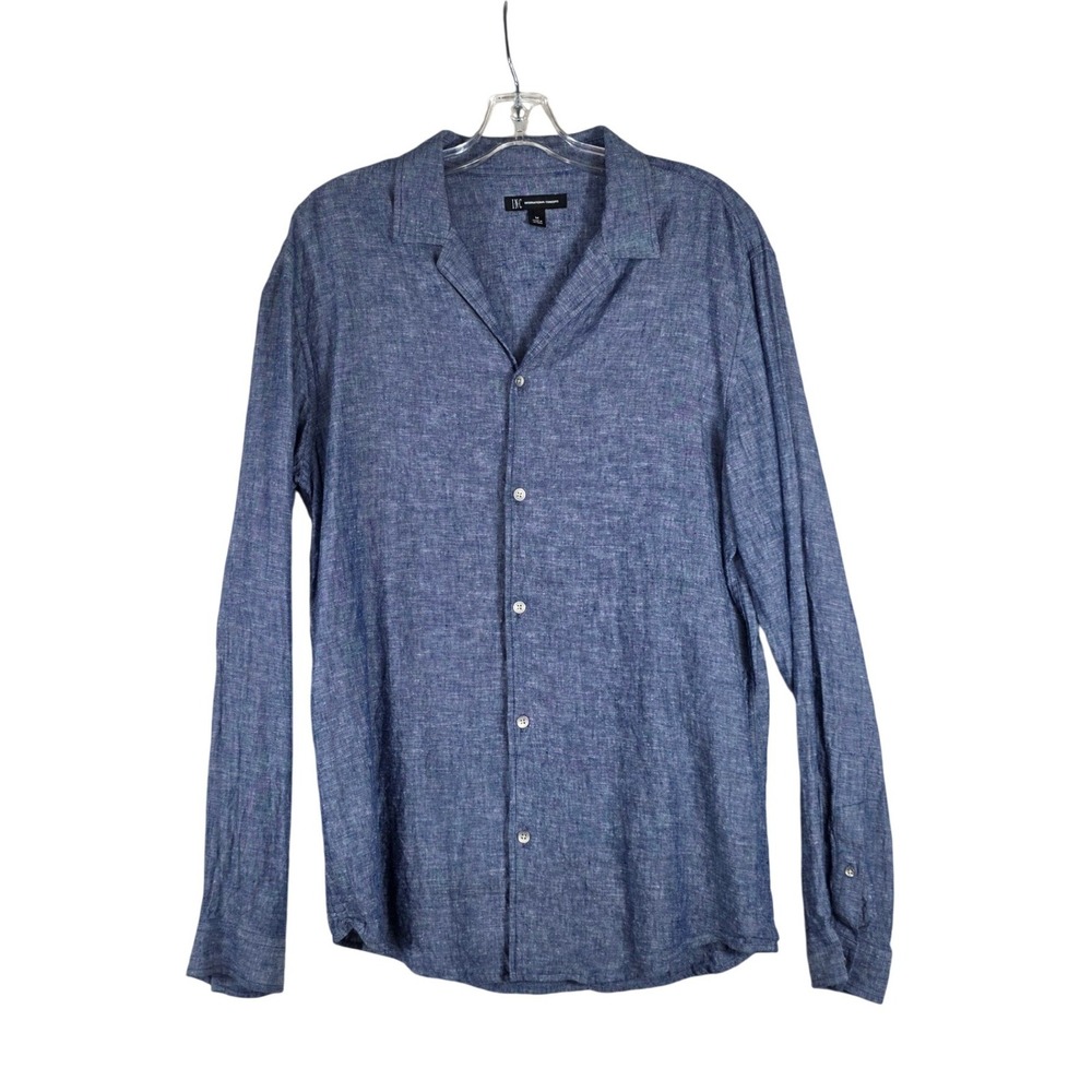 INC Button Down Shirt Blue Linen Rayon Casual Mens Size M Summer, Beach, Coastal